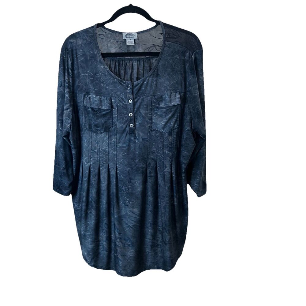 Sienna Grace Blue Textured Embroidered Henley Popover 3/4 Sleeve Top Size 1X